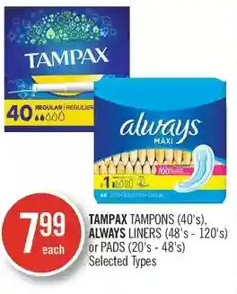 Shoppers Drug Mart Tampax tampons, always liners or pads offer