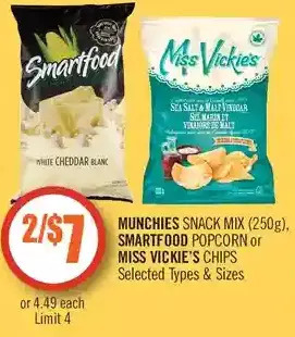 Shoppers Drug Mart Munchies snack mix, smartfood popcorn or miss vickie's chips offer