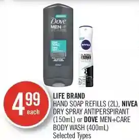 Shoppers Drug Mart Life brand hand soap refills, nivea dry spray antiperspirant or dove men+care body wash offer