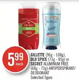 Shoppers Drug Mart Gillette, old spice or secret aluminum free antiperspirant/deodorant offer