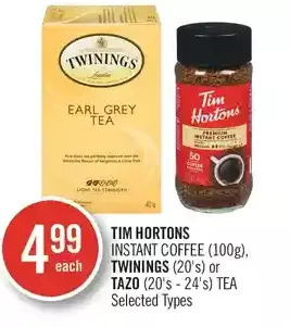 Shoppers Drug Mart Tim hortons instant coffee, twinings or tazo tea offer