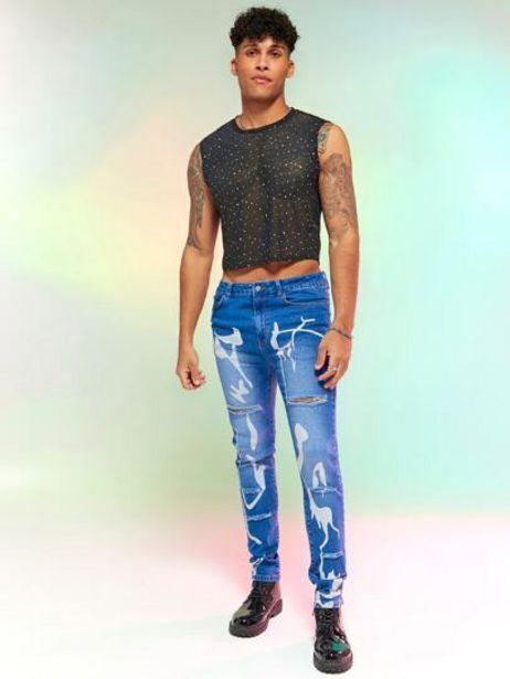 SheIn Shein men graphic print ripped skinny jeans offer