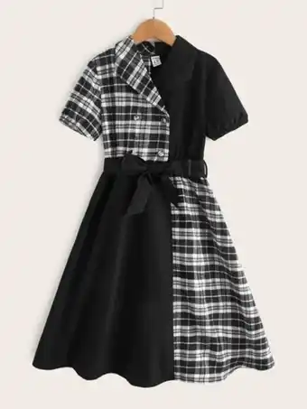 SheIn Shein girls plaid colorblock graphic double button belted dress offer