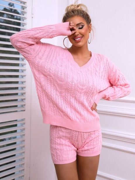 SheIn Joyfunear drop shoulder cable knit sweater & knit shorts offer