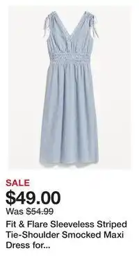 Old Navy Fit & flare sleeveless striped tie-shoulder smocked maxi dress for women offer