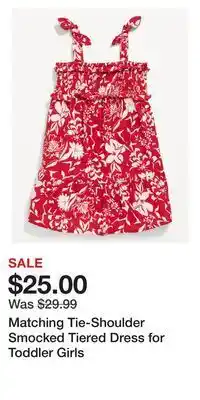 Old Navy Matching tie-shoulder smocked tiered dress for toddler girls offer