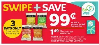 Rexall Nosh & co. potato chips, cheese stix or sour cream & onion rings 130g-140g offer