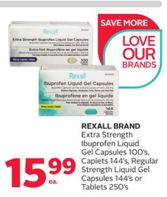 Rexall Rexall brand extra strength ibuprofen liquid gel capsules 100' s, caplets 144' s, regular strength liquid gel capsules 144' s offer