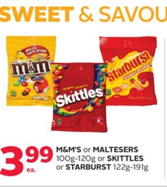Rexall M & m' s or maltesers 100g-120g or skittles or starburst 122g-191g offer