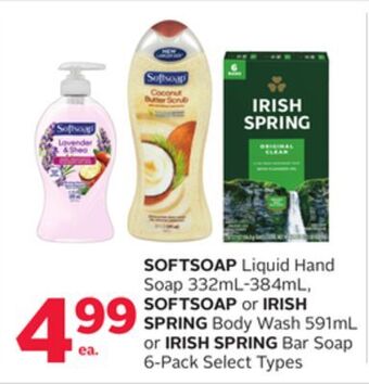 Rexall Softsoap liquid hand soap 332ml-384ml, softsoap or irish spring body wash 591ml or irish spring bar soap 6-pack offer
