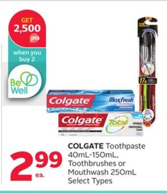 Rexall Colgate toothpaste 40ml-150ml, toothbrushes or mouthwash 250ml offer