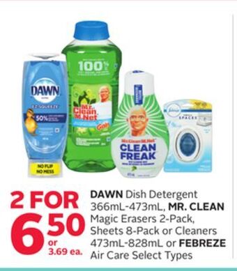 Rexall Dawn dish detergent 366ml-473ml, mr. clean magic erasers 2-pack, sheets 8-pack or cleaners 473ml-828ml or febreze air care offer