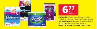 Rexall Cashmere bathroom tissue double 12-roll or ultra or ultraluxe triple 8-roll, spongetowels paper towels 6-roll or scotties fac offer