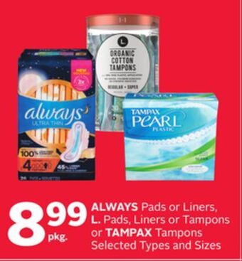 Rexall Always pads or liners, l. pads, liners or tampons or tampax tampons offer