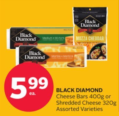 Rexall Black diamond cheese bars 400g or shredded cheese 320g offer