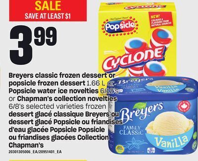 Independent City Market Dessert glacé classique breyers ou dessert glacé popsicle, 1.66 l ou friandises d'eau glacée popsicle, 6/12's ou friandises g offer