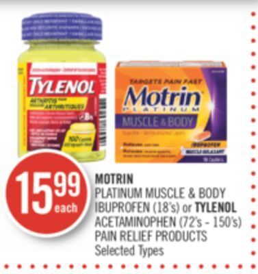 Shoppers Drug Mart Motrin platinum muscle & body ibuprofen (18'3) or tylenol acetaminophen (725 - 150'5) pain relief products offer
