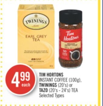 Shoppers Drug Mart Tim hortons instant coffee (100g), twinings (20's) or tazo (20's - 24's) tea offer