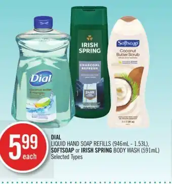 Shoppers Drug Mart Dial liquid hand soap refills (946ml - 1.53l), softsoap or irish spring body wash (591ml) offer