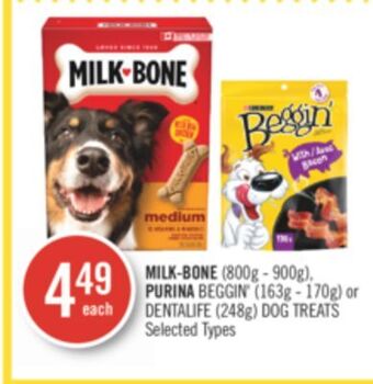 Shoppers Drug Mart Milk-bone (800g - 900g), purina beggin' (163g - 170g) or dentalife (248g) dog treats offer