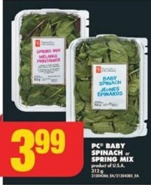 No Frills PC BABY SPINACH OR SPRING MIX 312 g offer