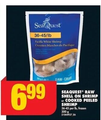 No Frills SEAQUEST RAW SHELL ON SHRIMP or COOKED PEELED SHRIMP 36-45 per lb, frozen 300 g offer