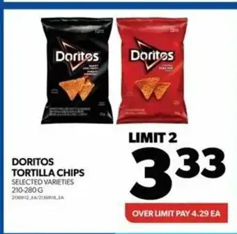 Real Canadian Superstore DORITOS TORTILLA CHIPS SELECTED VARIETIES 210-280 G 213012A/2136. offer