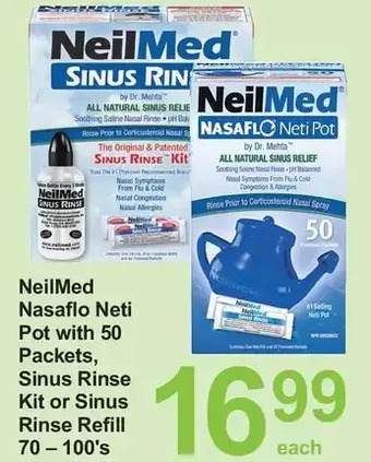 Pharmasave Neilmed nasaflo neti pot with 50 packets, sinus rinse kit or sinus rinse refill offer