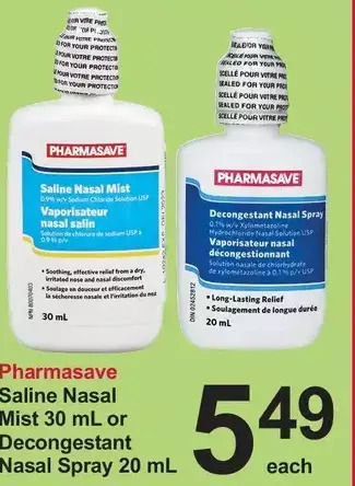 Pharmasave Pharmasave saline nasal mist or decongestant nasal spray offer