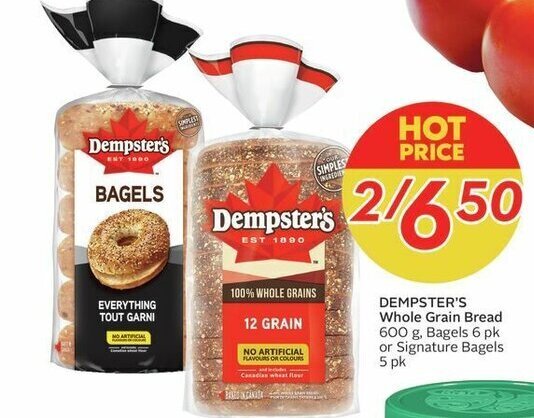 Sobeys DEMPSTER'S Whole Grain Bread 600 g. Bagels 6 pk or Signature Bagels 5 pk offer