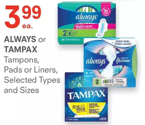 Remedy's RX Always or tampax tampons, pads or liners offer