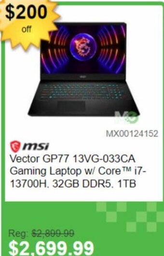 Memory Express msi Vector GP77 13VG-033CA Gaming Laptop w/ Core™ i7-13700H, 32GB DDR5, 1TB offer