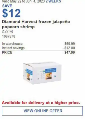 Costco Diamond Harvest frozen jalapeño popcorn shrimp 2.27 kg offer
