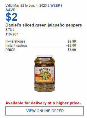 Costco Daniel's sliced green jalapeño peppers 3.78L offer