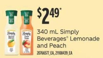 Fortinos Simply Beverages Lemonade and Peach 340 mL offer