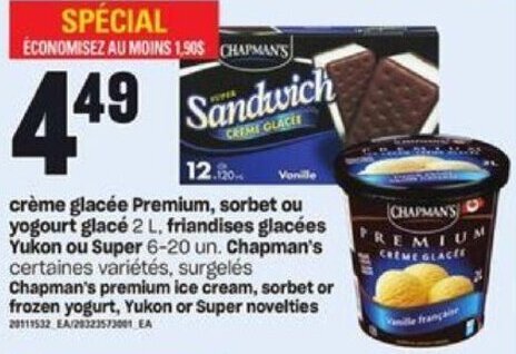 Provigo Chapman's premium ice cream, sorbet or frozen yogurt, Yukon or Super novelties 20111532 EA/20323573001 EA 2 L offer