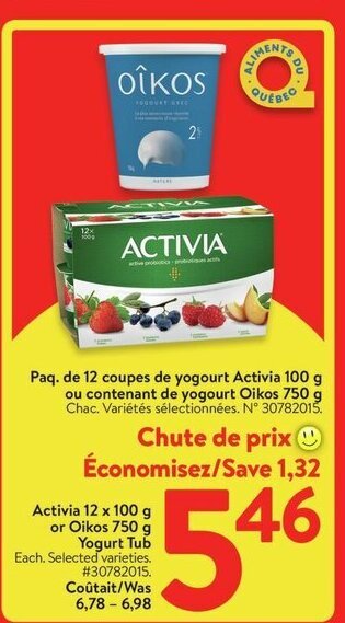 Walmart Activia 12 x 100 g or Oikos 750 g Yogurt Tub offer