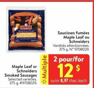 Walmart Maple Leaf or Schneiders Smoked Sausages . 375 g. offer