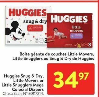 Walmart Huggies Snug & Dry, Little Movers or Little Snugglers Mega Colossal Diapers offer