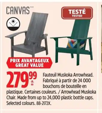 Canadian Tire Fauteuil Muskoka Arrowhead. Fabriqué à partir de 24 000 bouchons de bouteille en plastique. Certaines couleurs. 88-2172X. offer