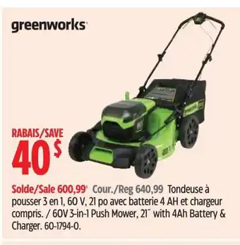 Canadian Tire greenworks Tondeuse à pousser 3 en 1, 60 V 60-1794-0. offer