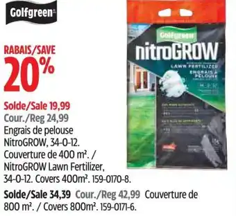 Canadian Tire Golfgreen NitroGROW Lawn Fertilizer 34-0-12. Covers 400m2 offer