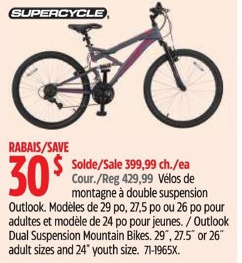 Canadian Tire SUPERCYCLE Outlook Dual Suspension Mountain Bikes. 29", 27.5" or 26" adult sizes and 24" youth size. 71-1965X. offer