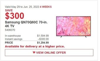 Costco Samsung QN70Q60C 70-in. 4K TV offer