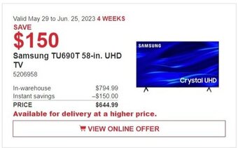 Costco Samsung TU690T 58-in. UHD TV offer