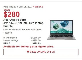 Costco Acer Aspire Vero AV15-52-791N Intel Evo laptop bundle offer