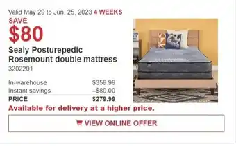Costco Sealy Posturepedic Rosemount double mattress 3202201 offer