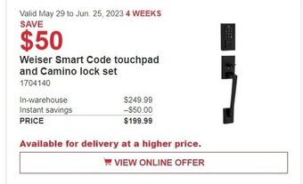 Costco Weiser Smart Code touchpad and Camino lock set offer