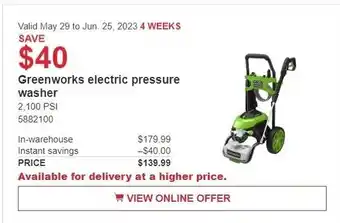 Costco Greenworks electric pressure washer 2,100 PSI offer