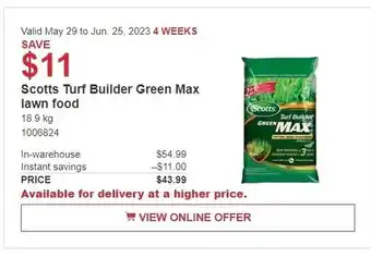 Costco Scotts Turf Builder Green Max lawn food 18.9kg offer